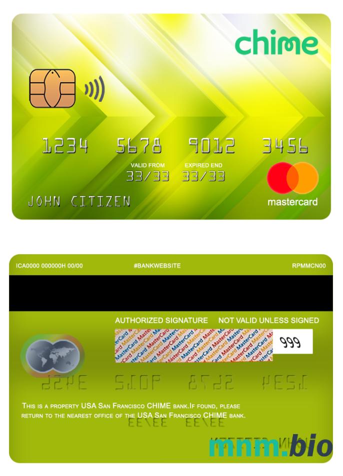 USA San Francisco CHIME bank przykład karty mastercard w formacie PSD